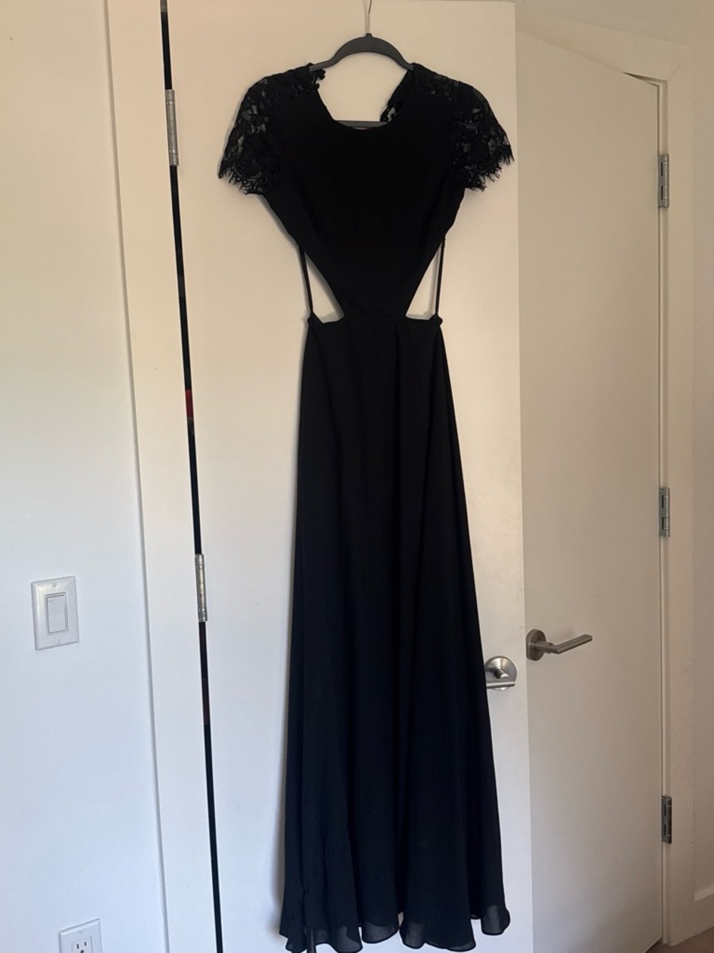 Bebe Elegant Black Lace-Sleeve Cutout Maxi Dress